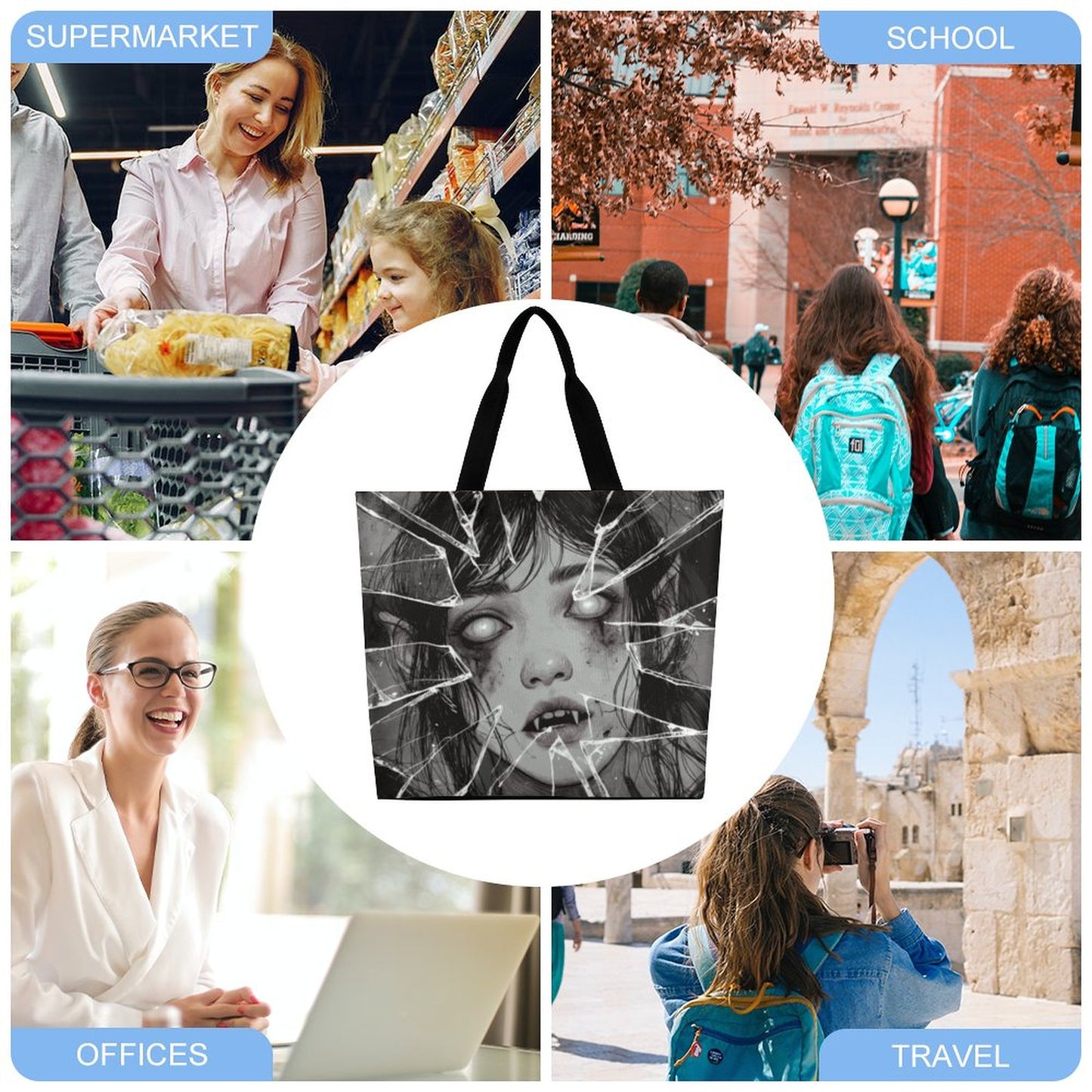 The Goblin Grins Collection: Shattered Glass Large One Shoulder Shopping Bag