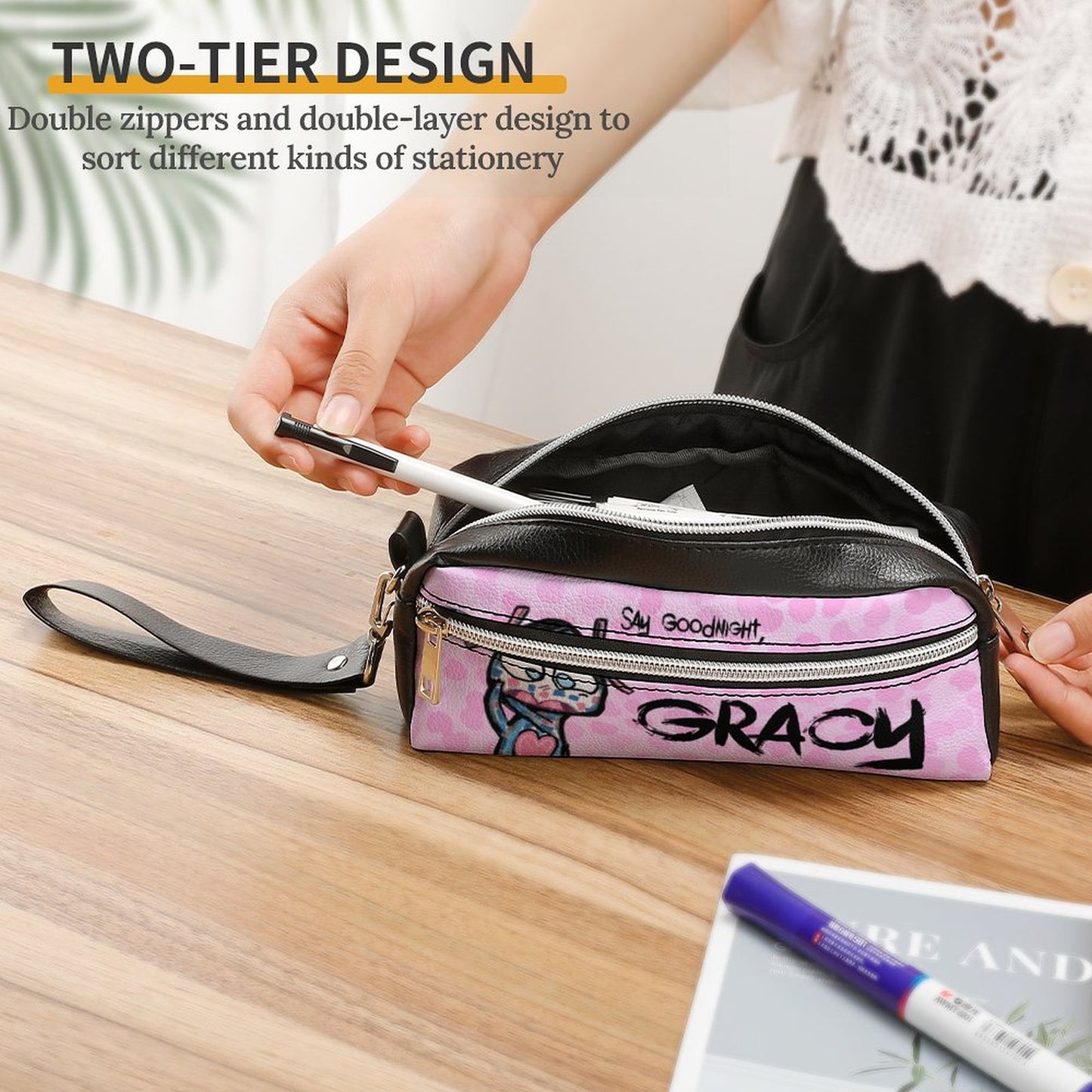 Valentine's Monsters: Say Goodnight Gracy Versatile Cosmetic Bag & Pencil Case Pouch in Soft Pink