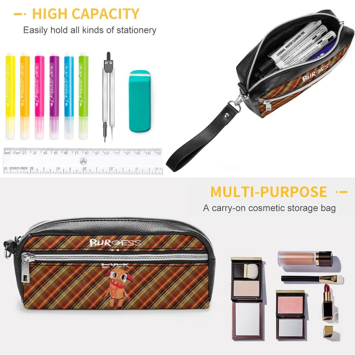 Valentine's Monsters: Burgess 4 Ever Versatile Cosmetic Bag & Pencil Case Pouch Autumn Plaid