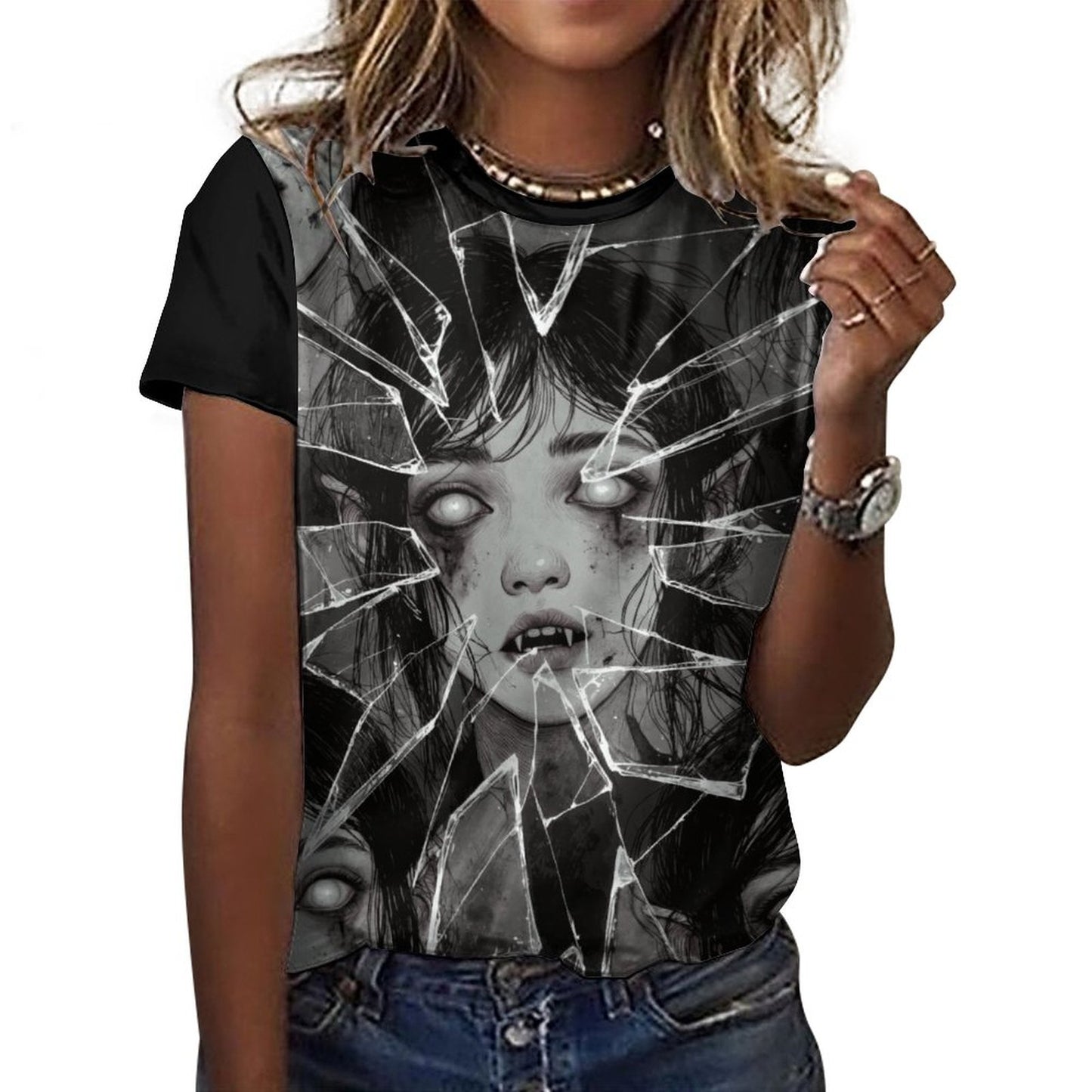 The Goblin Grins Collection: Shattered Glass T-Shirt for Women Black Trim
