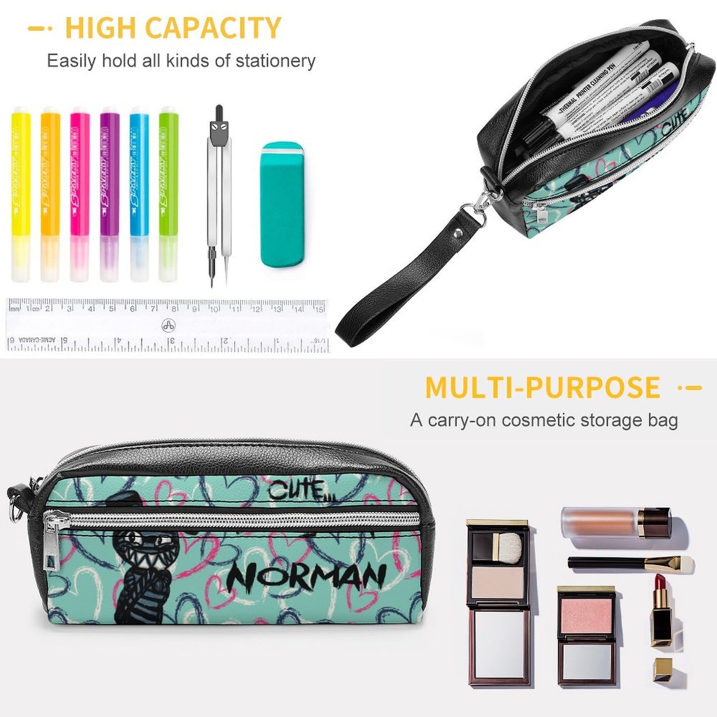 Valentine's Monsters: Cute... but psycho, Norman Versatile Cosmetic Bag & Pencil Case Pouch in Teal Crush