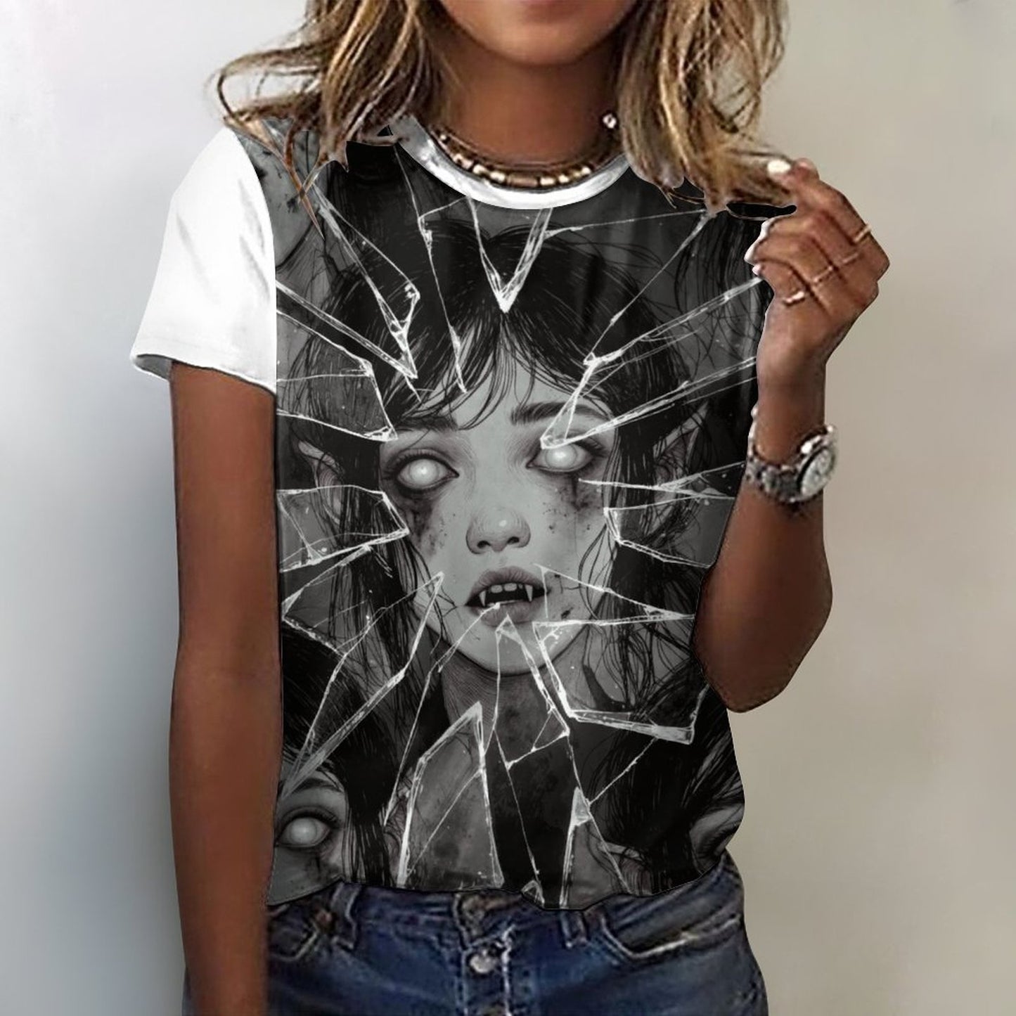 The Goblin Grins Collection: Shattered Glass T-Shirt for Women White Trim