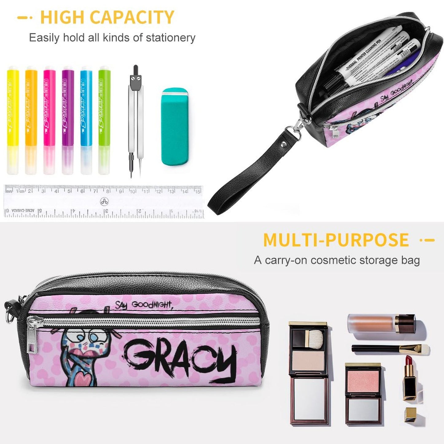 Valentine's Monsters: Say Goodnight Gracy Versatile Cosmetic Bag & Pencil Case Pouch in Soft Pink