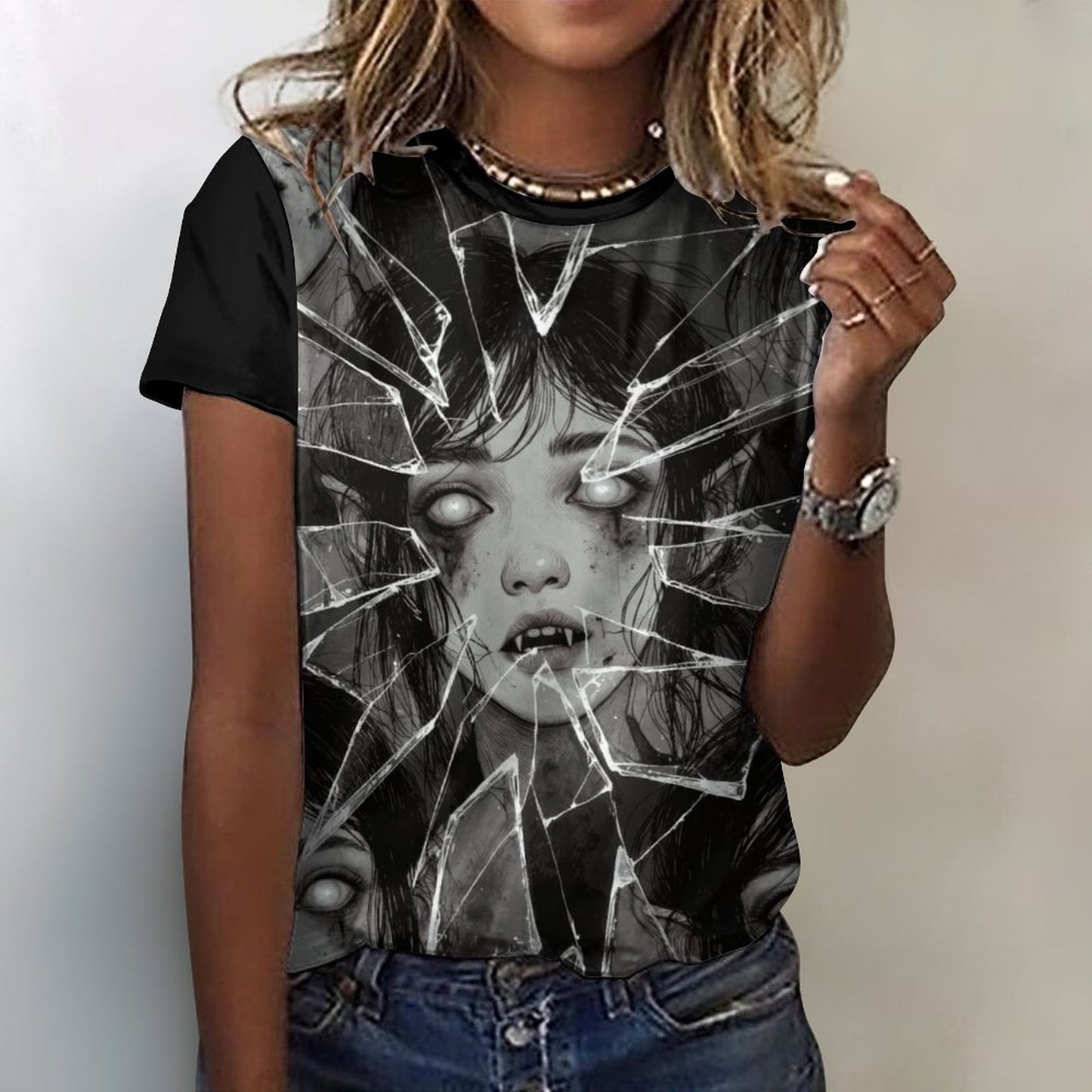 The Goblin Grins Collection: Shattered Glass T-Shirt for Women Black Trim
